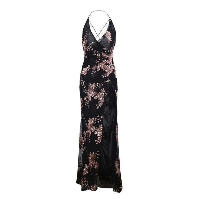 Sexy Lace Up Halter Sequin High Split Party Maxi Dresses for Women