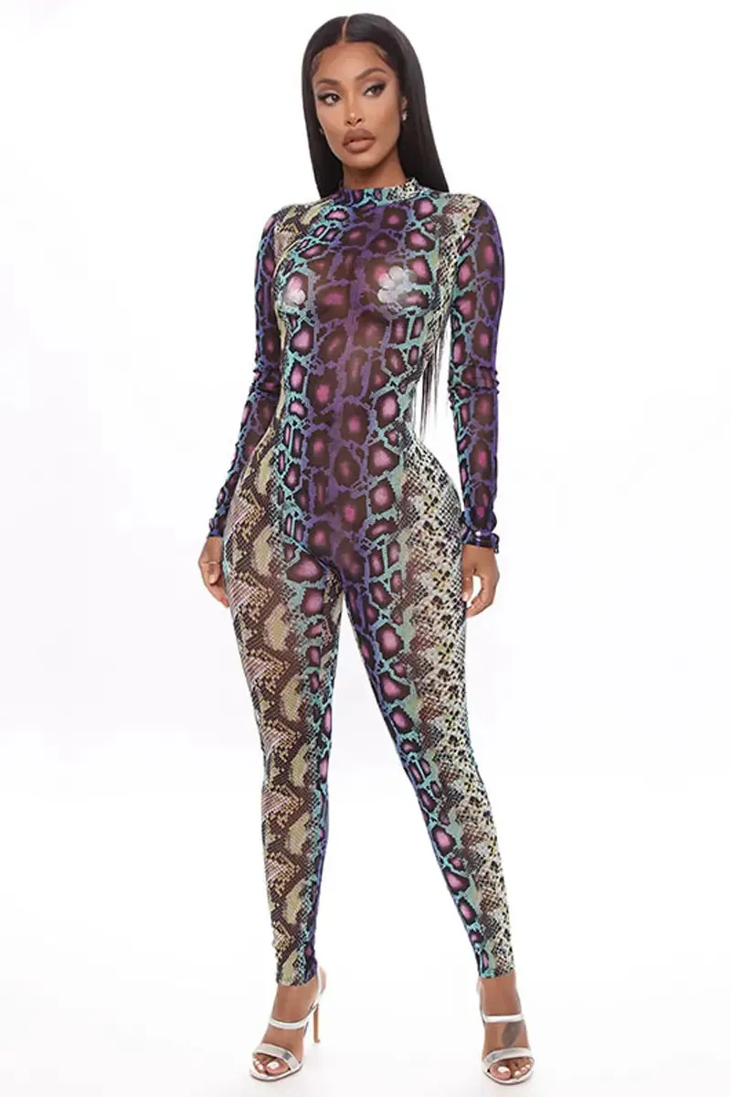 Snake Skin Backless Jumpsuit Long Sleeve