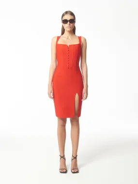 Square-Neck Button-Down Cocktail Dress in Persian Red