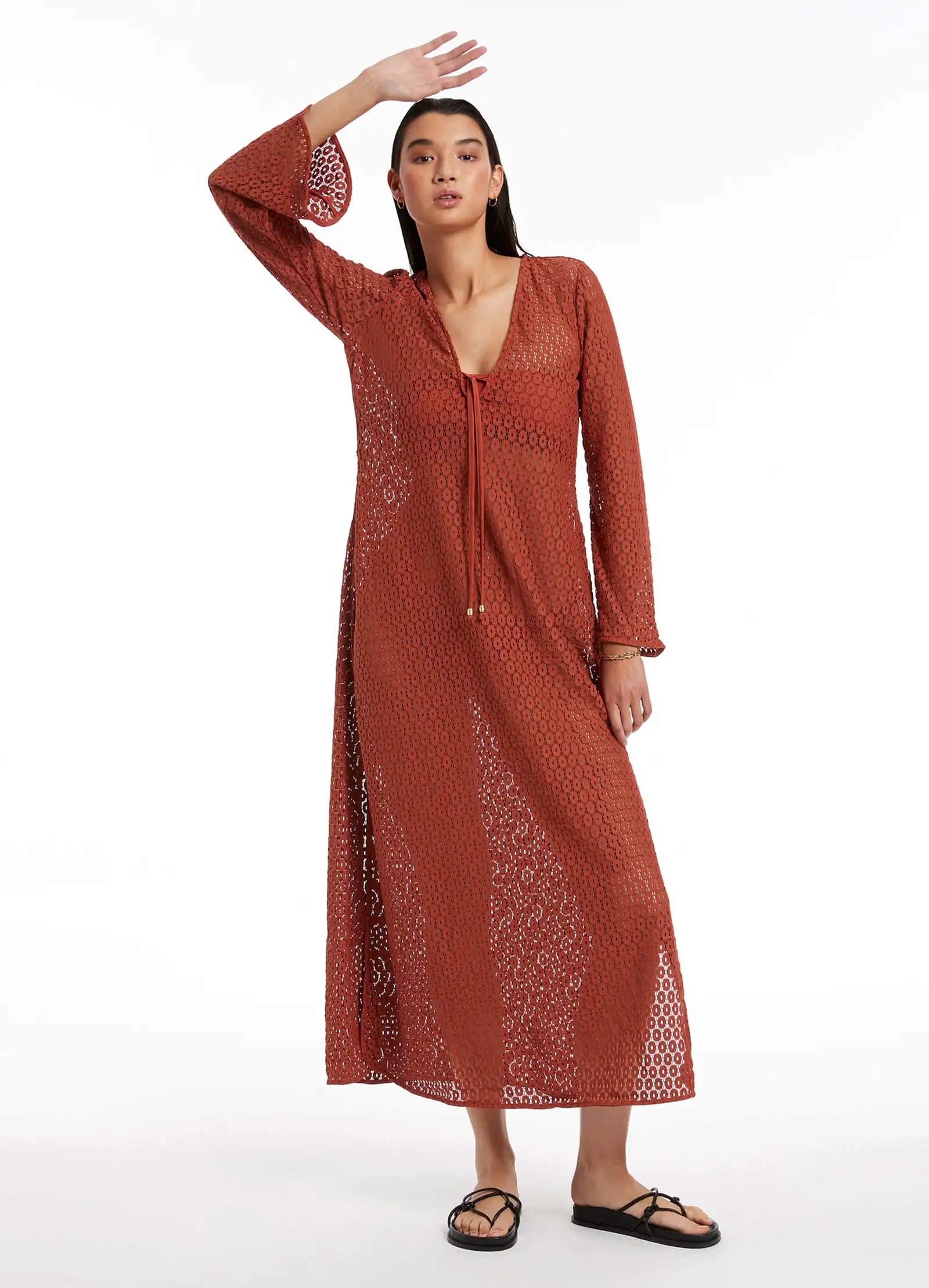 Stretch Lace Maxi Kaftan - Russet