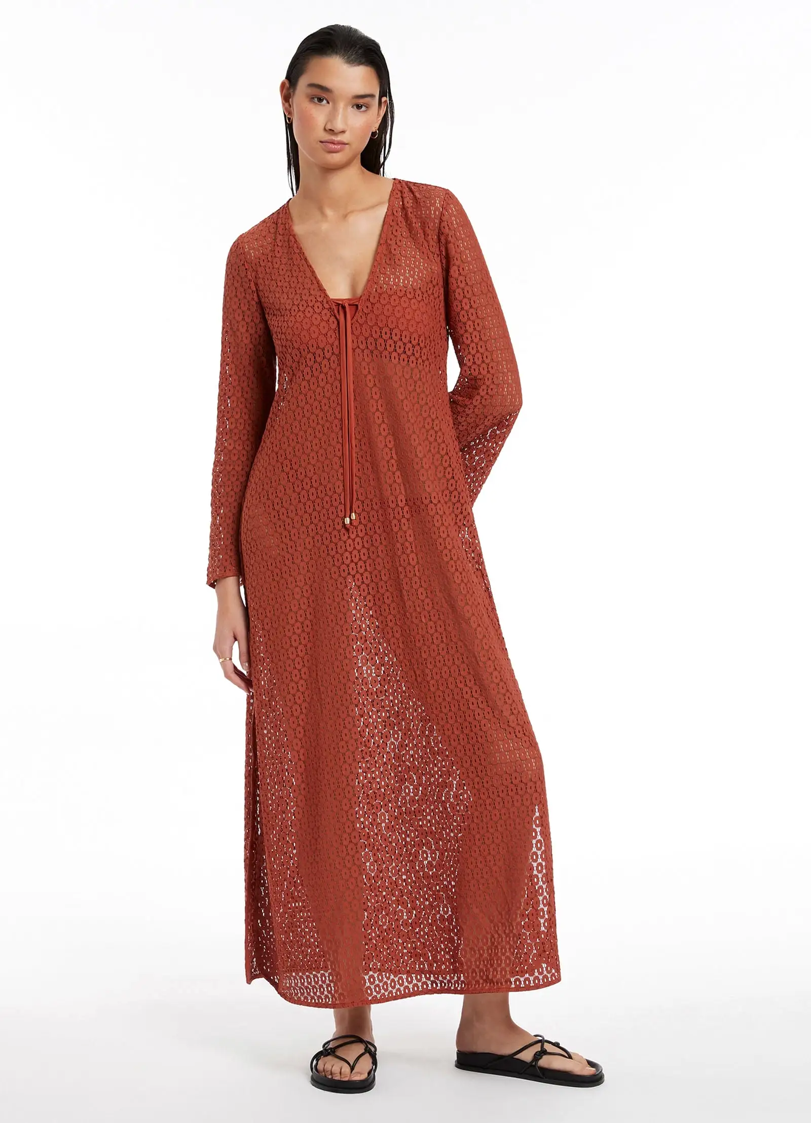 Stretch Lace Maxi Kaftan - Russet