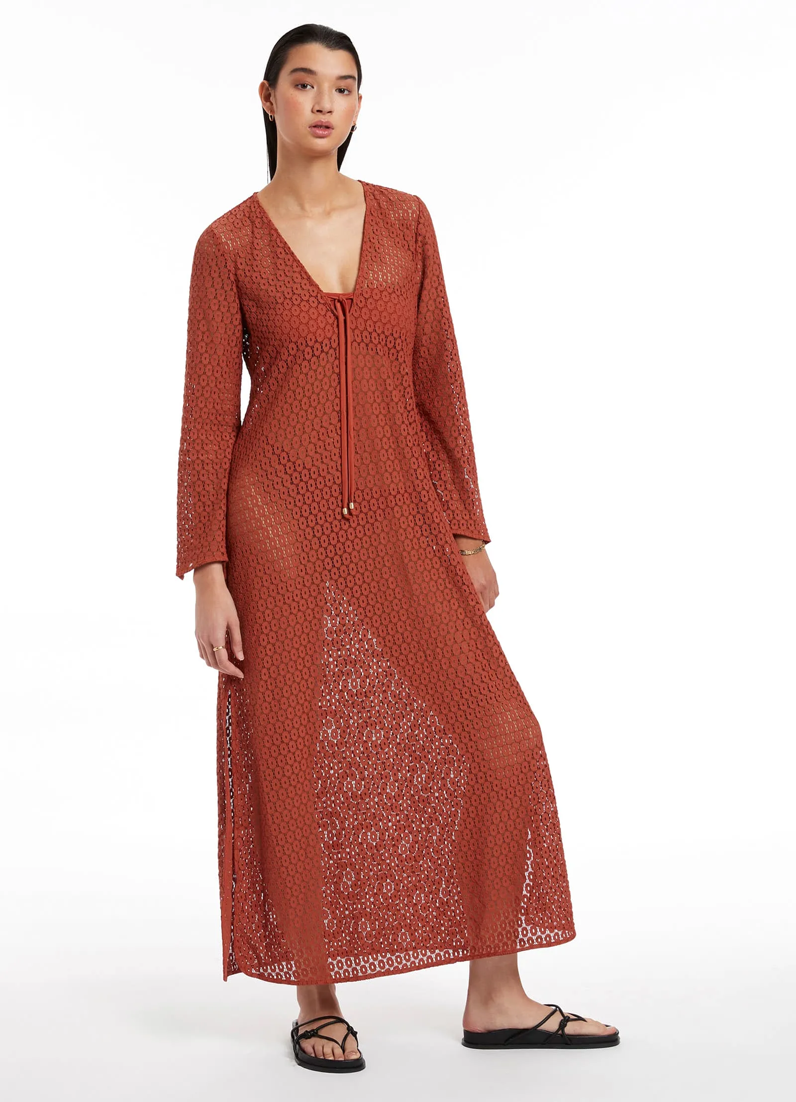 Stretch Lace Maxi Kaftan - Russet