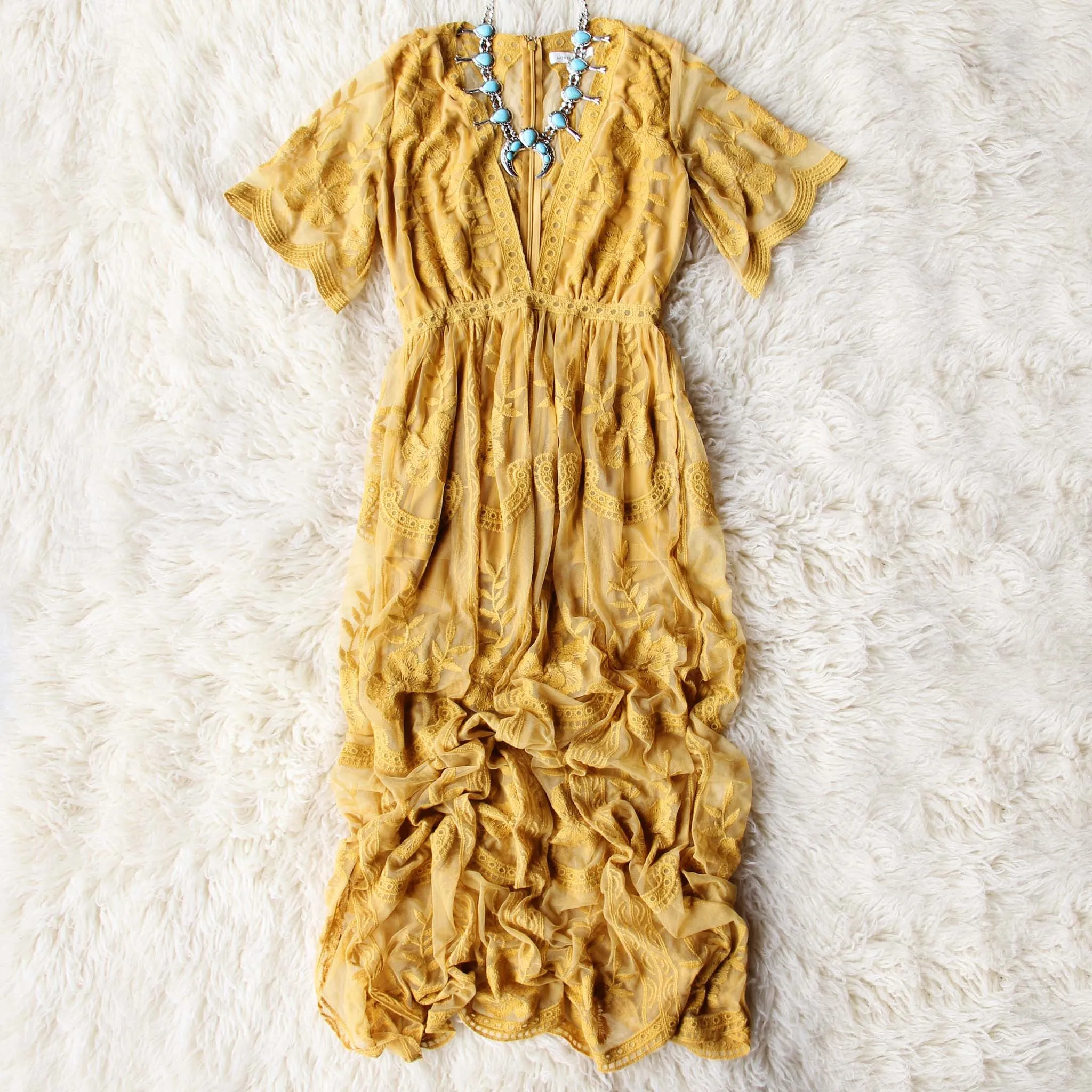 Tainted Rose Lace Maxi Dress in Mustard