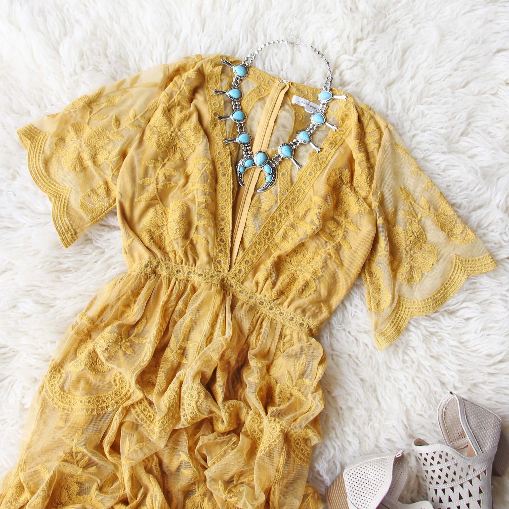 Tainted Rose Lace Maxi Dress in Mustard