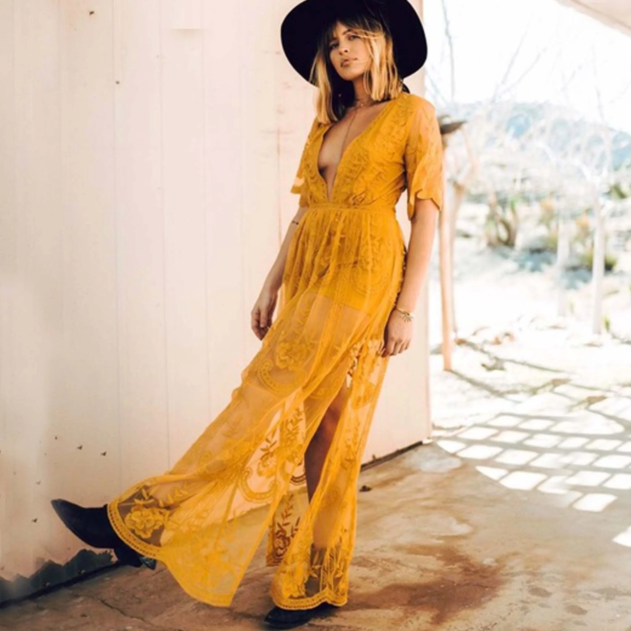 Tainted Rose Lace Maxi Dress in Mustard