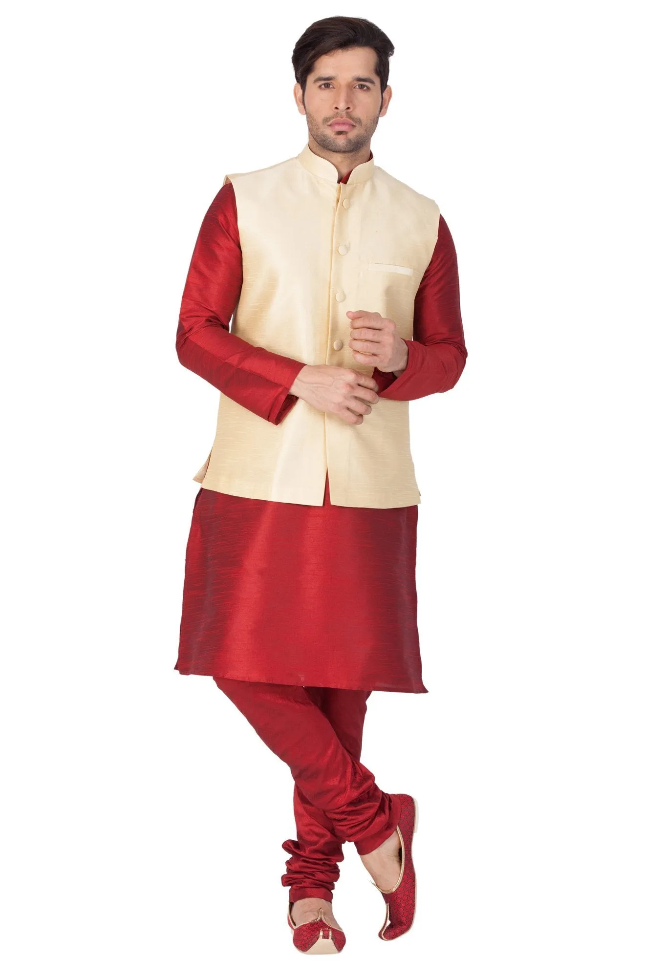 VASTRAMAY Men's Maroon Cotton Silk Blend Kurta, Ethnic Jacket and Pyjama Set