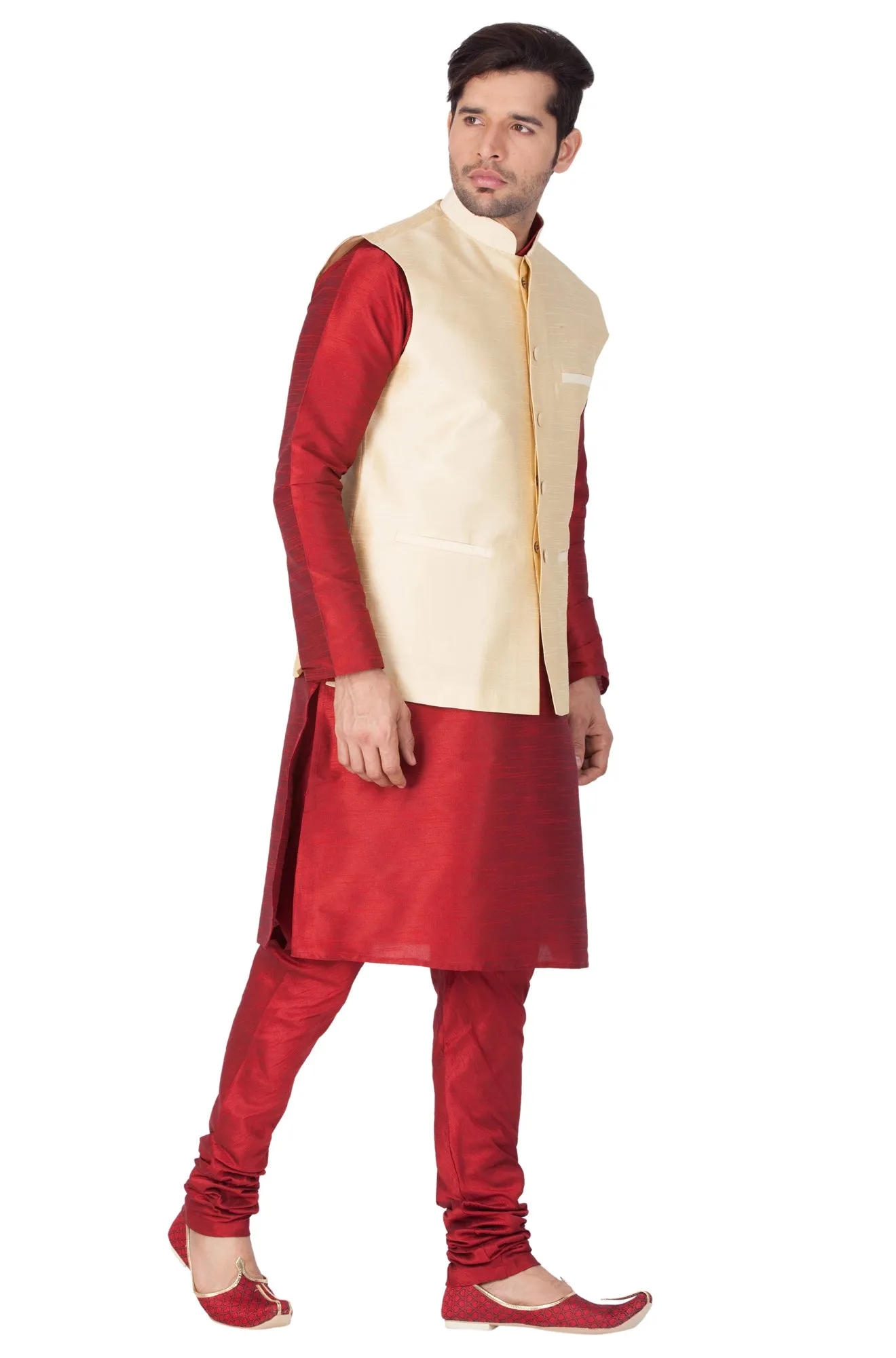 VASTRAMAY Men's Maroon Cotton Silk Blend Kurta, Ethnic Jacket and Pyjama Set