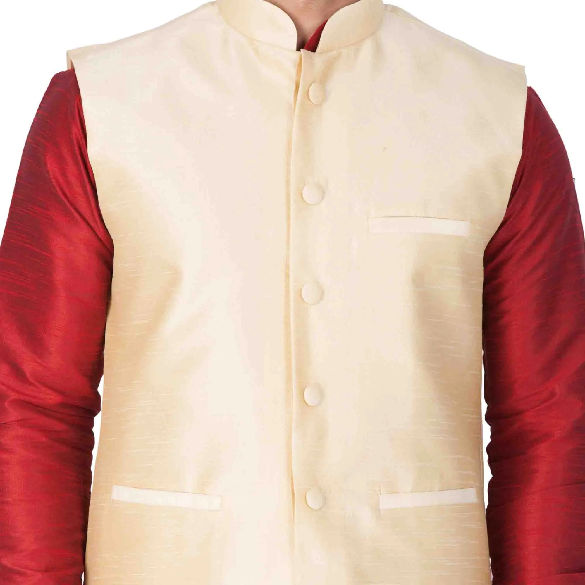 VASTRAMAY Men's Maroon Cotton Silk Blend Kurta, Ethnic Jacket and Pyjama Set