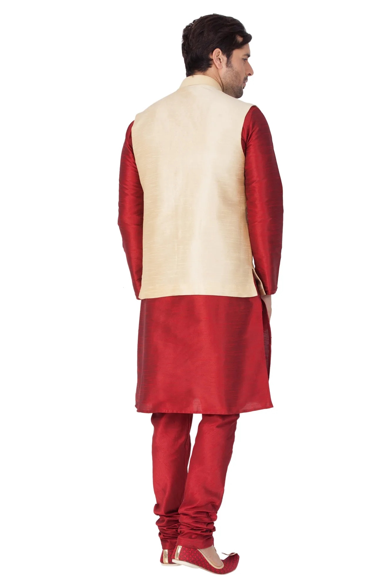 VASTRAMAY Men's Maroon Cotton Silk Blend Kurta, Ethnic Jacket and Pyjama Set