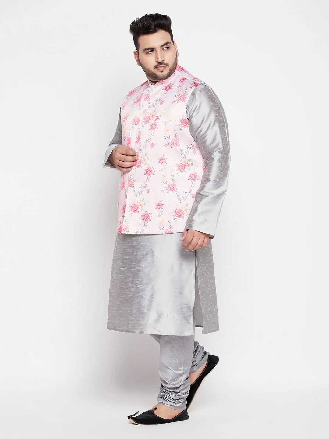 VASTRAMAY Men's Plus Size Peach Floral printed Jacket With Grey Solid Kurta Pyjama Set