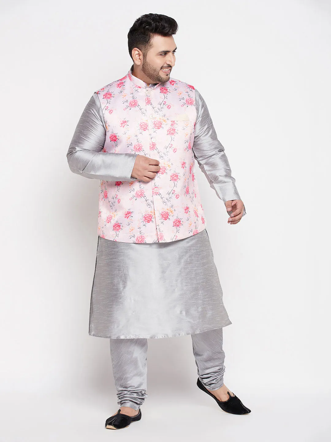 VASTRAMAY Men's Plus Size Peach Floral printed Jacket With Grey Solid Kurta Pyjama Set