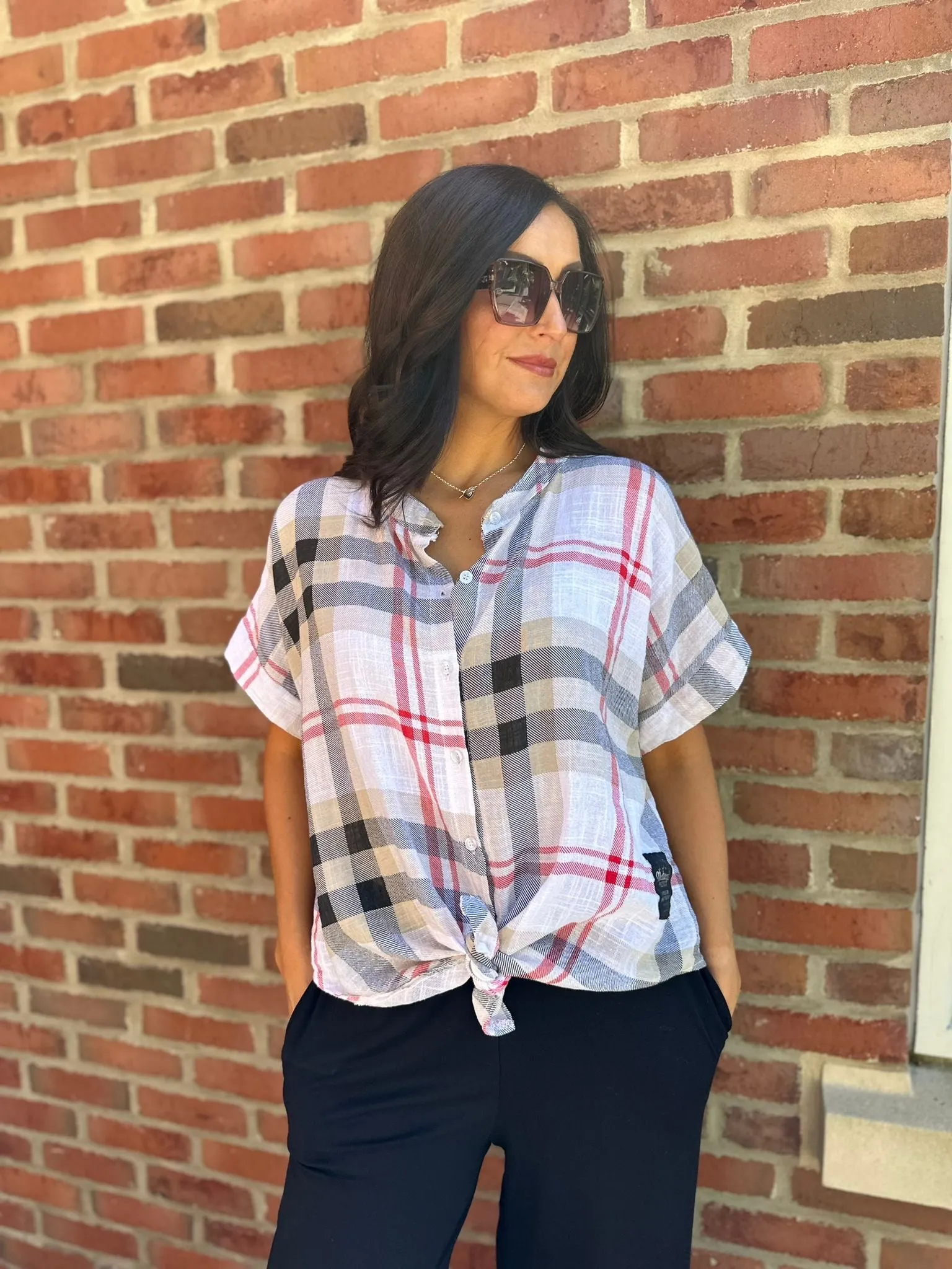 White Checked Pattern Tie Front Blouse Hayley