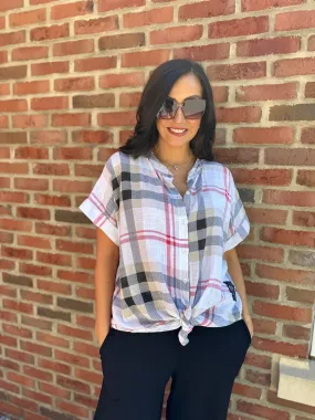 White Checked Pattern Tie Front Blouse Hayley