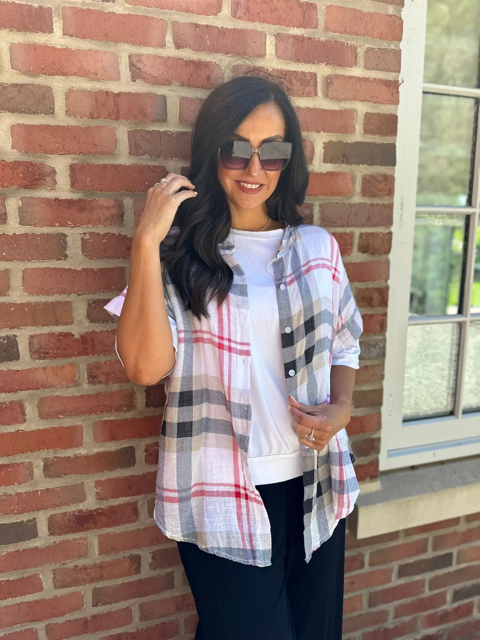 White Checked Pattern Tie Front Blouse Hayley