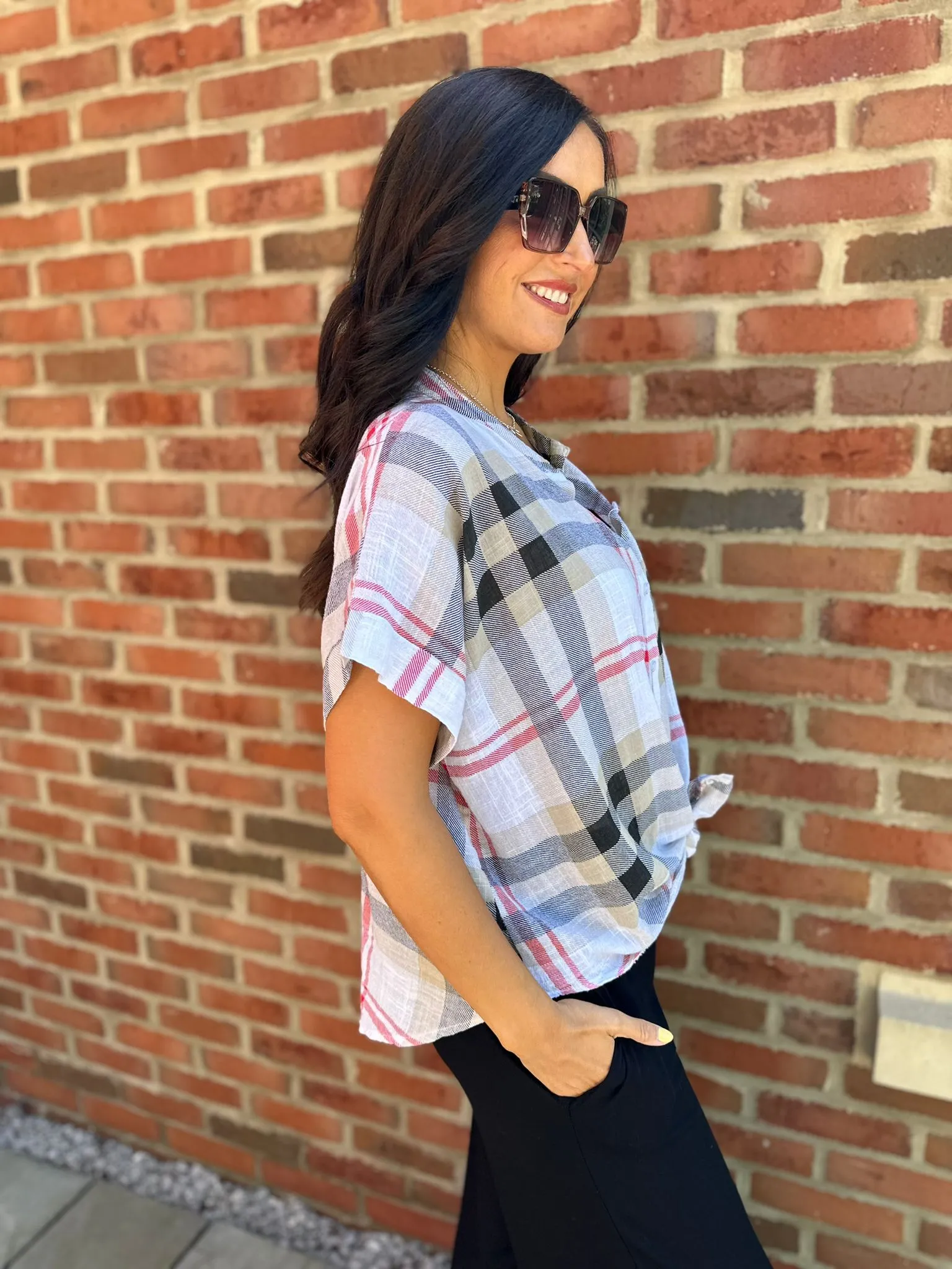 White Checked Pattern Tie Front Blouse Hayley