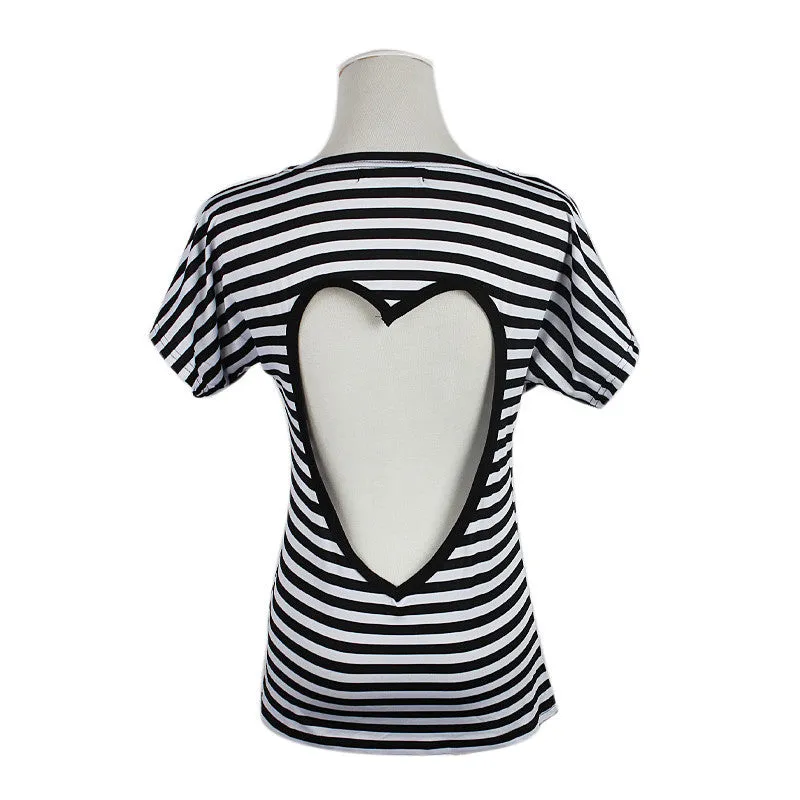 Women Backless Heart Roupas Feminina Striped Short Sleeve Vetement s