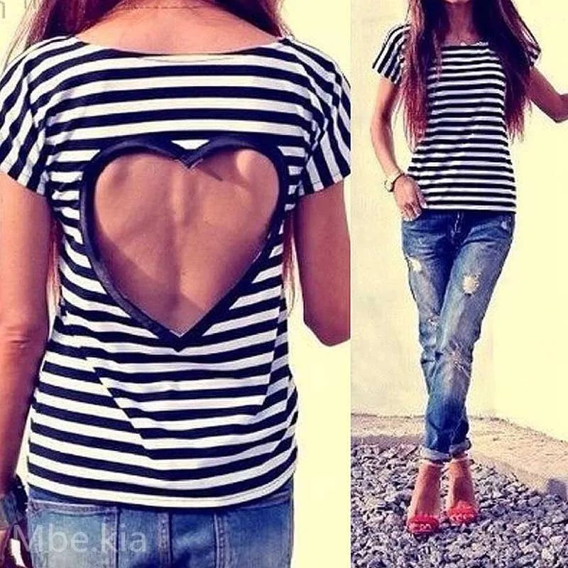 Women Backless Heart Roupas Feminina Striped Short Sleeve Vetement s