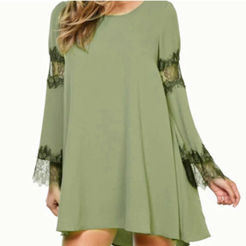 Womens Clothing Dress Lace Long-sleeved Army Green Dress Stitching Plus size Feida