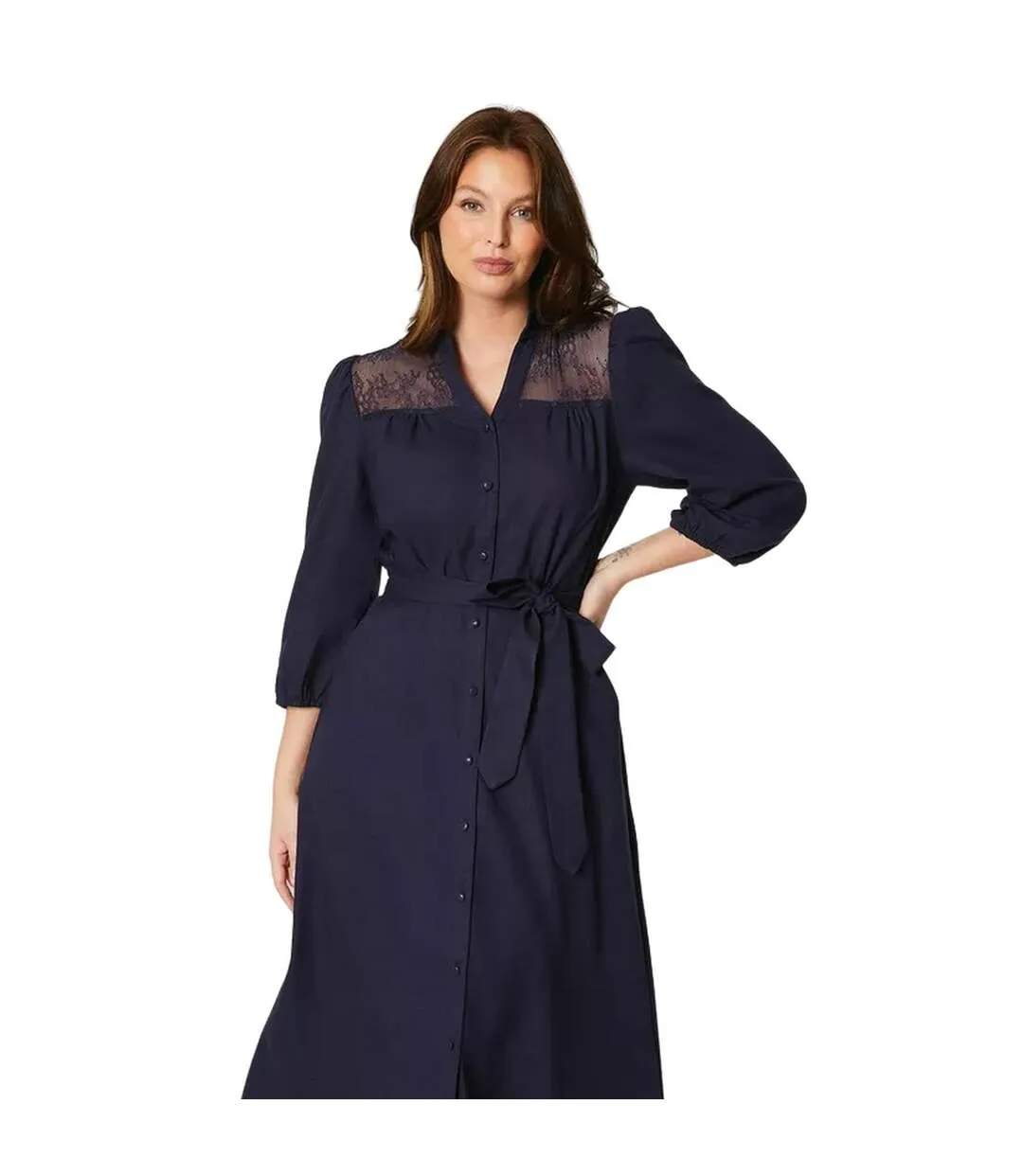 Womens/ladies lace yoke belt midi dress navy Principles