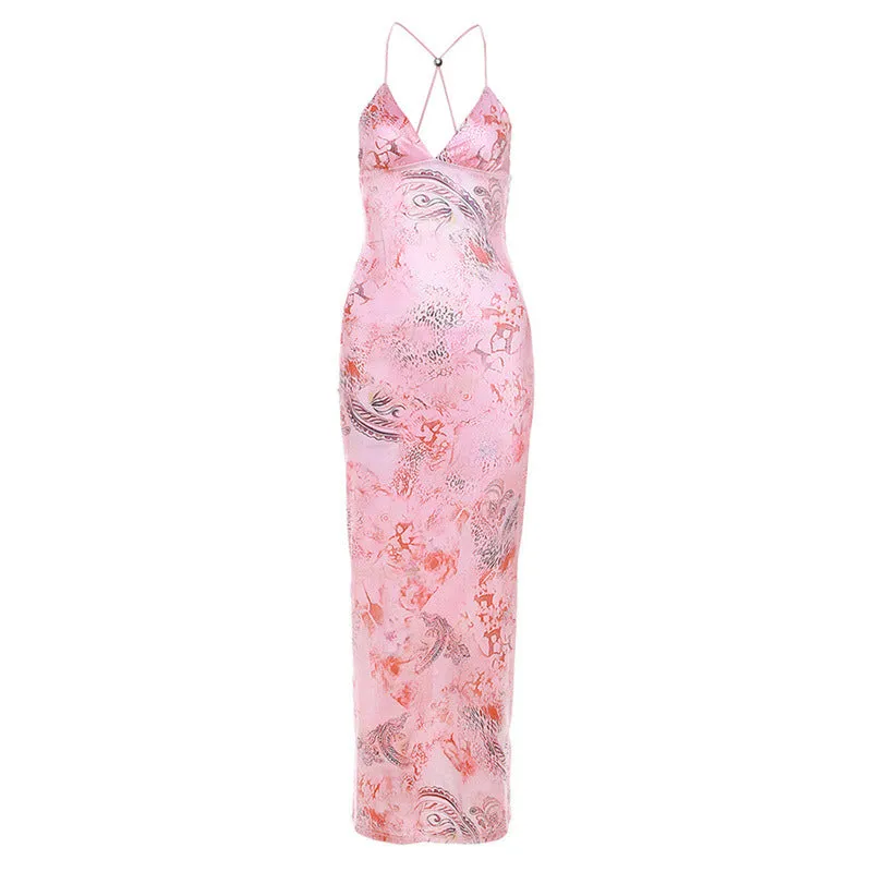 Y2K Butterfly Halter Backless Slim Print Dress Cherrykitten