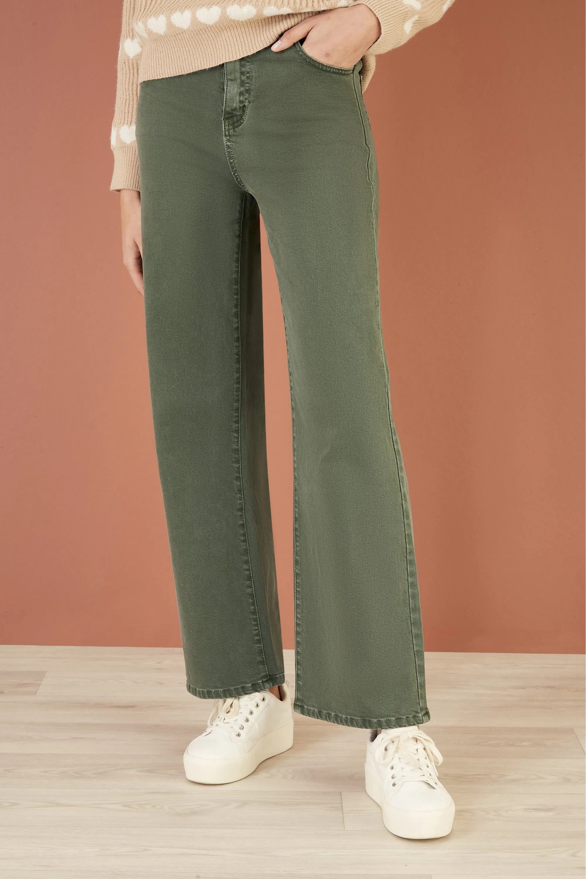 Yumi Green Stretch Canvas Wide Leg High Waist Jeans